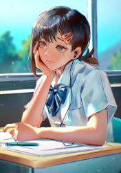 Rule 34 | 1girl, black hair, chainsaw man, classroom, collared shirt, commentary, day, earphones, elbow rest, hair ornament, hairclip, hand on own face, hand rest, higashiyama kobeni, highres, kozzz y, looking to the side, mole, mole under eye, mole under mouth, ribbon, school uniform, shirt, short hair, short ponytail, single sidelock, solo, sunlight, white shirt, window