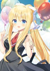 Rule 34 | 1girl, :d, air (visual novel), aiyan, balloon, black dress, blonde hair, blue eyes, blush, bow, breasts, commentary request, cowboy shot, day, dress, hair bow, hair ribbon, hands up, highres, kamio misuzu, long hair, looking at viewer, medium breasts, open mouth, ponytail, red neckwear, ribbon, school uniform, sleeveless, sleeveless dress, smile, solo, very long hair, white bow, white ribbon