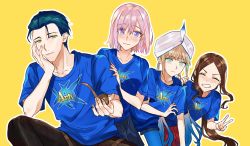 Rule 34 | 2boys, 2girls, arts shirt, black hair, blonde hair, brown hair, captain nemo (fate), closed eyes, fate/grand order, fate (series), grin, hair slicked back, highres, leonardo da vinci (fate), leonardo da vinci (fate/grand order), leonardo da vinci (rider) (fate), low ponytail, mash kyrielight, multiple boys, multiple girls, nemo (fate), pink hair, smoking pipe, sherlock holmes (fate), smile, turban, twintails, v, yamabuki0211, yellow background