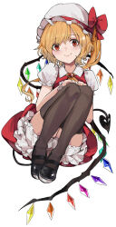 Rule 34 | 1girl, appleseed (appleseed art), ascot, black footwear, black thighhighs, blonde hair, bloomers, blush, closed mouth, collared shirt, crystal, demon tail, fang, fang out, flandre scarlet, frilled sleeves, frills, hat, highres, invisible chair, knees up, looking at viewer, mary janes, medium hair, mob cap, one side up, puffy short sleeves, puffy sleeves, red eyes, red skirt, red vest, shirt, shoes, short sleeves, sitting, skin fang, skirt, smile, solo, tail, thighhighs, touhou, underwear, vest, white hat, white shirt, wings, wrist cuffs, yellow ascot