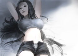 Rule 34 | 1girl, arms up, bad id, bad pixiv id, belly, black eyes, black hair, breasts, crop top, female focus, grey panties, large breasts, long hair, looking at viewer, lying, meto31, midriff, navel, on back, open fly, open pants, original, panties, pants, parted lips, shirt, short shorts, shorts, simple background, solo, taut clothes, taut shirt, unbuttoned, underwear, unzipped, very long hair