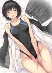Rule 34 | 1girl, :d, amagami, bed, black eyes, black hair, black one-piece swimsuit, unworn clothes, competition swimsuit, female focus, gluteal fold, hands on thighs, kibito high school uniform, looking at viewer, lying, nanasaki ai, on back, one-piece swimsuit, open mouth, pleated skirt, school uniform, serizawa (serizawaroom), short hair, skirt, smile, solo, swimsuit