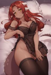 Rule 34 | 1girl, babydoll, bare shoulders, black babydoll, black leotard, black thighhighs, breasts, cleavage, commentary, commission, dark-skinned female, dark skin, english commentary, frilled pillow, frills, groin, highres, horns, iwbitu, large breasts, leotard, lingerie, long hair, looking at viewer, lying, no panties, on back, original, pillow, red hair, smile, solo, spaghetti strap, spiked tail, tail, thick eyebrows, thighhighs, underwear, yellow eyes