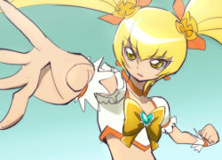 Rule 34 | 10s, 1girl, blonde hair, bow, brooch, choker, cure sunshine, earrings, fighting stance, gradient background, green background, hair ornament, hair ribbon, heart, heart brooch, heartcatch precure!, jewelry, long hair, magical girl, midriff, myoudouin itsuki, navel, oimanji, orange bow, precure, ribbon, serious, sketch, solo, twintails, wrist cuffs, yellow bow, yellow eyes