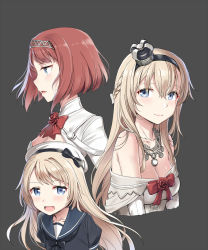 Rule 34 | 3girls, :d, ark royal (kancolle), bad id, bad pixiv id, blonde hair, blue hair, blue sailor collar, braid, cnm, crown, dress, flower, french braid, grey background, hair between eyes, hairband, hat, highres, jervis (kancolle), jewelry, kantai collection, long hair, mini crown, multiple girls, necklace, off-shoulder dress, off shoulder, open mouth, puffy short sleeves, puffy sleeves, red flower, red hair, red ribbon, red rose, ribbon, rose, sailor collar, short hair, short sleeves, simple background, smile, tiara, warspite (kancolle), white dress, white hat