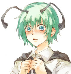 Rule 34 | 1girl, androgynous, antennae, black cape, blue eyes, blush, cape, closed mouth, collared shirt, commentary request, green hair, hair between eyes, highres, looking at viewer, shin&#039;ichi (yokosuka220), shirt, short hair, simple background, solo, touhou, upper body, white background, white shirt, wriggle nightbug