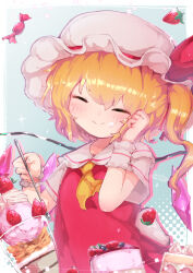 Rule 34 | 1girl, ascot, blonde hair, candy, closed eyes, dress, flandre scarlet, food, frills, fruit, hand up, hat, highres, kabochamaronpie, medium hair, mob cap, parfait, puffy short sleeves, puffy sleeves, red dress, short sleeves, side ponytail, smile, solo, strawberry, sweets, touhou, upper body, yellow ascot