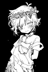 Rule 34 | 1boy, antenna hair, basil (headspace) (omori), basil (omori), black background, flower, flower on head, highres, llll nnmn, looking at viewer, male focus, off shoulder, omori, overalls, simple background, smile, solo, trap, upper body