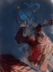 Rule 34 | 1girl, apron, blood, blood on clothes, blue eyes, blue hair, cleaver, gloves, hair ornament, hair stick, kaku seiga, mask, matching hair/eyes, mouth mask, oimo (14sainobba), painting (medium), solo, surgical mask, touhou, traditional media, watercolor (medium)