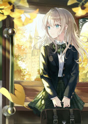 Rule 34 | 1girl, bench, black jacket, blazer, blonde hair, blue eyes, blurry, blurry background, blush, bow, bowtie, briefcase, closed mouth, collared shirt, ginkgo leaf, green bow, green bowtie, green skirt, highres, holding, holding briefcase, indoors, iren lovel, jacket, leaf, long hair, long sleeves, original, plaid, plaid skirt, pleated skirt, school uniform, shirt, sitting, skirt, smile, solo, train interior, white shirt, window