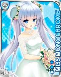 Rule 34 | 1girl, blue background, blue eyes, blunt bangs, bouquet, card, character name, dress, flower, girlfriend (kari), miss monochrome, miss monochrome (character), official art, open mouth, qp:flapper, smile, solo, tagme, thighhighs, twintails, wedding dress, white dress, white footwear, white hair