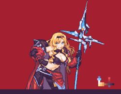 Rule 34 | 1girl, bent over, blonde hair, blue eyes, breasts, cleavage, cowboy shot, glaceo, gloves, granblue fantasy, hand on own hip, holding, holding polearm, holding weapon, large breasts, long hair, looking at viewer, midriff, navel, official alternate costume, polearm, red background, simple background, single off shoulder, smile, solo, spear, sprite art, v-shaped eyebrows, weapon, zeta (granblue fantasy), zeta (grand) (granblue fantasy)