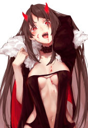 Rule 34 | 1girl, :d, absurdres, arm up, black dress, blood, blood on face, blood stain, blush, breasts, brown hair, center opening, choker, cyta celest, dress, fate/grand order, fate (series), fur collar, head tilt, highres, horns, long hair, looking at viewer, navel, open mouth, red eyes, revealing clothes, sidelocks, simple background, smile, solo, teeth, upper body, white background, wide sleeves, yu mei-ren (fate)