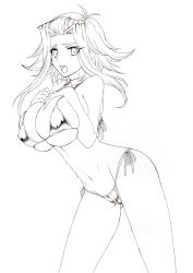 Rule 34 | 1girl, :o, absurdres, antenna hair, bikini, blush, breast suppress, breasts, brown hair, choker, cleavage, collarbone, female focus, hand on another&#039;s head, hand on own chest, highres, huge breasts, izayoi aki, leaning forward, legs, lineart, looking at viewer, monochrome, navel, open mouth, side-tie bikini bottom, sideboob, sketch, skindentation, solo, standing, surprised, swimsuit, takecha, thighs, underboob, white background, yu-gi-oh!, yu-gi-oh! 5d&#039;s