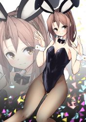 Rule 34 | 1girl, animal ears, bow, bowtie, breasts, brown eyes, brown hair, brown pantyhose, closed mouth, confetti, detached collar, dutch angle, fake animal ears, fake tail, head tilt, highleg, highleg leotard, highres, kantai collection, legs, leotard, looking at viewer, medium hair, pantyhose, paw pose, playboy bunny, ponytail, rabbit ears, rabbit tail, sketch, small breasts, solo, standing, strapless, strapless leotard, sweatdrop, tail, wing collar, wrist cuffs, zarashi, zoom layer, zuihou (kancolle)