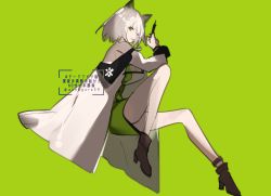 Rule 34 | 1girl, animal ears, aonogura, arknights, boots, coat, dress, green background, green dress, high heel boots, high heels, highres, holding, injection, kal&#039;tsit (arknights), lab coat, looking at viewer, one-hour drawing challenge, short hair, simple background, solo, white hair