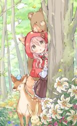 Rule 34 | 1girl, :o, animal, animal ears, bear, bird, blush, brown eyes, brown skirt, bug, butterfly, capelet, commentary request, deer, ears through headwear, fang, flower, forest, frilled skirt, frills, hair between eyes, hands up, hood, hood up, hooded capelet, insect, long sleeves, nature, original, parted lips, peeking out, pink hair, pleated skirt, rabbit, red capelet, shirt, skirt, sleeves past wrists, solo, tail, thighhighs, tree, wataame27, white flower, white shirt, white thighhighs, wolf-chan (wataame27), wolf ears, wolf girl, wolf tail