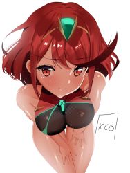 Rule 34 | 1girl, black one-piece swimsuit, breasts, chest jewel, competition swimsuit, highres, icoo, large breasts, one-piece swimsuit, pyra (pro swimmer) (xenoblade), pyra (xenoblade), red eyes, red hair, red one-piece swimsuit, short hair, simple background, solo, swept bangs, swimsuit, two-tone swimsuit, white background, xenoblade chronicles (series), xenoblade chronicles 2