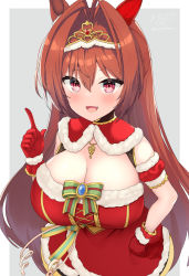 Rule 34 | 1girl, :d, absurdres, animal ears, blush, bow, breasts, brooch, brown hair, commentary request, daiwa scarlet (scarlet nuit etoile) (umamusume), daiwa scarlet (umamusume), detached sleeves, dress, fang, fur-trimmed dress, fur-trimmed gloves, fur-trimmed sleeves, fur trim, gloves, green bow, grey background, hair between eyes, hair intakes, half updo, hand on own hip, hand up, highres, horse ears, jewelry, large breasts, long hair, looking at viewer, ochinsama, open mouth, puffy short sleeves, puffy sleeves, red dress, red eyes, red gloves, red sleeves, short sleeves, signature, smile, solo, striped, striped bow, tiara, twitter username, two-tone background, umamusume, very long hair, white background