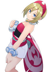 Rule 34 | 1girl, absurdres, blonde hair, blue eyes, bracelet, breasts, cleavage, closed mouth, collar, commentary request, creatures (company), eyelashes, game freak, hair between eyes, hairband, highres, irida (pokemon), jewelry, kobaji, looking at viewer, looking to the side, neck ring, nintendo, pokemon, pokemon legends: arceus, red hairband, sash, shirt, short hair, shorts, simple background, solo, strapless, strapless shirt, waist cape, white background, white shorts