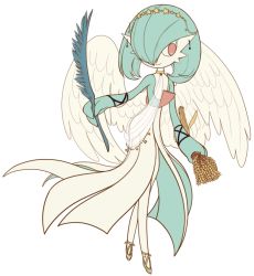 Rule 34 | 1girl, angel wings, blank eyes, blue eyeliner, bob cut, circlet, closed mouth, clothed pokemon, colored skin, creatures (company), crescent, crescent earrings, earrings, eyeliner, feathered wings, feathers, female focus, flat chest, flat color, full body, game freak, gardevoir, gen 3 pokemon, green hair, green skin, hair over one eye, happy, holding, holding feather, jewelry, looking to the side, lotosu, makeup, multicolored skin, nintendo, pokemon, pokemon (creature), red eyes, shoes, short hair, simple background, smile, solo, standing, star (symbol), star in eye, symbol in eye, two-tone skin, wheat, white background, white skin, white wings, wings, wristband, yellow footwear
