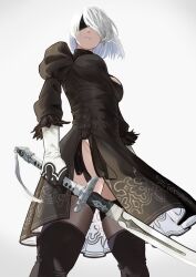 Rule 34 | 1girl, 2b (nier:automata), black blindfold, black dress, black footwear, black gloves, black thighhighs, blindfold, boots, breasts, closed mouth, commentary, covered eyes, dress, facing viewer, feather-trimmed sleeves, feet out of frame, from below, gloves, gradient background, grey background, highres, holding, holding sword, holding weapon, juliet sleeves, katana, leotard, leotard under clothes, long sleeves, medium breasts, mole, mole under mouth, nier:automata, nier (series), puffy sleeves, shinarika396, short hair, side slit, simple background, solo, standing, sword, thigh boots, thighhighs, thighhighs under boots, weapon, white hair, white leotard