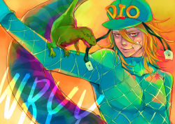 Rule 34 | 1boy, argyle, argyle clothes, argyle sweater, bandage on face, bandages, blonde hair, diego brando, dinosaur, glasgow smile, green shirt, hat, jojo no kimyou na bouken, male focus, red eyes, scary monsters (stand), shirt, solo, stand (jojo), steel ball run, sweater, tail, warino
