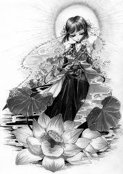 Rule 34 | 1girl, black hair, flower, greyscale, hair flower, hair ornament, japanese clothes, lotus, monochrome, original, solo, yamanashi mashiro