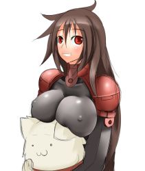 Rule 34 | 1girl, animal, armored core, armored core: for answer, breasts, brown hair, cat, female focus, long hair, neko home, nipples, red eyes, smile, solo, strayed, white background