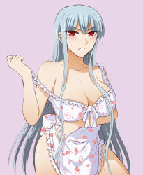 Rule 34 | 00s, 1girl, apron, blush, breasts, cleavage, heart, large breasts, long hair, naked apron, red eyes, selvaria bles, senjou no valkyria, senjou no valkyria (series), senjou no valkyria 1, silver hair, solo, strap pull, taguchi kenji (omaep), very long hair
