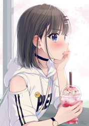 Rule 34 | 1girl, black choker, black hair, blue eyes, blush, choker, clothing cutout, commentary request, cup, disposable cup, drinking straw, earrings, from side, hair behind ear, hair ornament, hairclip, head on hand, head rest, heart, heart earrings, highres, holding, holding cup, hood, hood down, hoodie, jewelry, nail art, original, short sleeves, shoulder cutout, solo, tsukana (saba mizore), watch, white hoodie, window, wristwatch