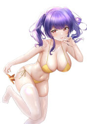 Rule 34 | 1girl, absurdres, azur lane, bare shoulders, bent over, bikini, blue sky, breasts, cleavage, collarbone, commentary request, day, hair between eyes, highres, holding, jyu-so, large breasts, long hair, midriff, navel, official alternate costume, outdoors, parted lips, pola (azur lane), pola (seaside coincidence) (azur lane), purple hair, red eyes, revision, sidelocks, simple background, sky, solo, spaghetti strap, starfish, sunlight, swimsuit, thighhighs, twintails, water drop, wet, wet clothes, white background, white thighhighs, yellow bikini