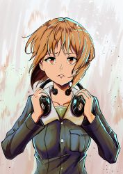 Rule 34 | 1girl, absurdres, adjusting headphones, aura, blue jacket, brown eyes, brown hair, commentary, english commentary, girls und panzer, green shirt, headphones, headphones around neck, highres, huge filesize, jacket, long sleeves, looking at viewer, military, military uniform, nico jiang, nishizumi miho, ooarai military uniform, parted lips, shirt, short hair, solo, throat microphone, uniform