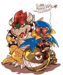 Rule 34 | 2boys, artist name, blue cape, bowser, cape, chain chomp, commentary, copyright name, fukafukarpg, geno (mario), highres, horns, looking at viewer, mario (series), multiple boys, nintendo, open mouth, red hair, sharp teeth, simple background, smoke, spikes, super mario rpg, symbol-only commentary, teeth, white background
