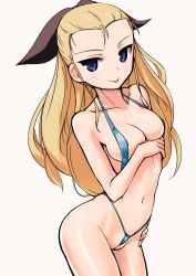 Rule 34 | 10s, 1girl, :p, aegis (nerocc), assam (girls und panzer), bikini, blonde hair, blue bikini, blue eyes, blush, breast hold, breasts, cleavage, cleft of venus, closed mouth, cowboy shot, girls und panzer, groin, hair ornament, hair ribbon, hand on own hip, highres, long hair, looking at viewer, medium breasts, navel, pussy, ribbon, simple background, slingshot swimsuit, smile, solo, standing, string bikini, swimsuit, tongue, tongue out, white background