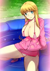 Rule 34 | 1girl, akimoto katherine reiko, bikini, blonde hair, blue eyes, blush, breasts, cleavage, closed mouth, cloud, day, covered erect nipples, hand on own hip, katori (mocchidou), kochikame, large breasts, long hair, looking at viewer, solo, swimsuit, wet