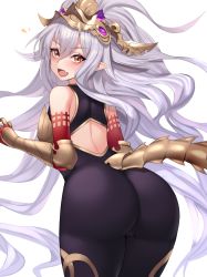 Rule 34 | 1girl, armor, ass, backless outfit, bare shoulders, blush, breasts, from behind, gauntlets, granblue fantasy, headpiece, highres, kuavera, light purple hair, long hair, looking at viewer, looking back, medusa (shingeki no bahamut), parted lips, raised eyebrows, red eyes, sidelocks, signature, simple background, solo, sweatdrop, tail, thick thighs, thighs, very long hair, white background