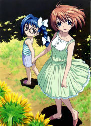 Rule 34 | 00s, 2girls, aged up, asatte no houkou, blue eyes, blue hair, flower, glasses, highres, holding another&#039;s hand, holding hands, iokawa karada, multiple girls, nogami shouko, open mouth, outdoors, red hair, sandals, shoes, standing