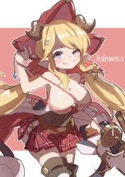 Rule 34 | 1girl, bandeau, blonde hair, blue eyes, blush, boots, breasts, character name, cleavage, draph, gazacy (dai), granblue fantasy, grin, hair ribbon, hallessena, hat, highres, holding, holding weapon, horns, large breasts, long hair, low twintails, miniskirt, plaid, plaid skirt, pointy ears, red hat, red skirt, ribbon, sidelocks, simple background, skirt, sleeveless, smile, solo, thigh boots, thighhighs, twintails, two-tone background, weapon