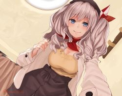 Rule 34 | 1girl, alternate costume, bad id, bad pixiv id, beret, black skirt, blue eyes, breasts, hat, jacket, kantai collection, kashima (kancolle), kerchief, large breasts, long hair, long sleeves, narushima kanna, silver hair, skirt, smile, solo, tongue, tongue out, twitter username, two side up, white jacket
