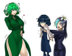 Rule 34 | 3girls, age switch, alternate breast size, aqua hair, black dress, black hair, blood, blue eyes, blush, breast hold, breasts, covered navel, dress, earrings, flower, formal, fubuki (one-punch man), fur jacket, green dress, green eyes, green hair, hair flower, hair ornament, hairclip, heart, height difference, jacket, jewelry, large breasts, lifting person, long hair, multicolored hair, multiple girls, necklace, nosebleed, aged up, one-punch man, open mouth, ponytail, role reversal, sansetsukon no lily, short hair, siblings, side slit, sisters, size difference, smile, standing, stud earrings, tatsumaki, the golden smurf, two-tone hair, white background, aged down