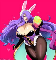 Rule 34 | 1girl, animal ears, blush, breasts, camilla (fire emblem), camilla (spring) (fire emblem), cleavage, curvy, d-ryuu, elbow gloves, fake animal ears, fire emblem, fire emblem fates, fire emblem heroes, gloves, hair over one eye, large breasts, leotard, lips, long hair, looking at viewer, navel, nintendo, pantyhose, playboy bunny, purple eyes, purple hair, rabbit ears, shiny clothes, shiny skin, smile, solo, thick thighs, thighs, very long hair, wavy hair