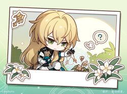 Rule 34 | 1boy, ?, androgynous, animal, bishounen, black gloves, black shirt, blonde hair, bug, butterfly, chibi, chinese clothes, chinese commentary, chinese text, closed mouth, coat, copyright name, cross, dried flower, flower, gloves, green eyes, hair between eyes, hand on own thigh, healing, holding, holding cross, honkai: star rail, honkai (series), insect, jewelry, kneeling, lily (flower), long hair, long sleeves, looking at flowers, luocha (honkai: star rail), male focus, official art, on floor, pants, plant, shirt, solo, speech bubble, translated, v-shaped eyebrows, white butterfly, white coat, white flower, white pants