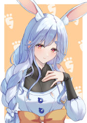 Rule 34 | 1girl, absurdres, animal ear fluff, animal ears, apron, blue hair, blush, braid, braided ponytail, breasts, cleavage, highres, hololive, large breasts, long hair, looking at viewer, mature female, multicolored hair, nyamuko, pekomama, rabbit ears, rabbit girl, red eyes, see-through, see-through cleavage, short eyebrows, smile, solo, thick eyebrows, virtual youtuber, white hair