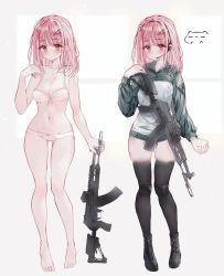 Rule 34 | 1girl, absurdres, ak-12, assault rifle, bare arms, bare legs, bare shoulders, barefoot, black footwear, black thighhighs, blush, boots, bow, bow bra, bow panties, bra, butterfly hair ornament, closed mouth, commentary, grey background, gun, hair ornament, hairclip, headphones, headset, highres, jacket, kalashnikov rifle, knee pads, long hair, long sleeves, looking at viewer, multiple views, original, panties, pink hair, puffy long sleeves, puffy sleeves, red eyes, standing, symbol-only commentary, tandohark, thighhighs, underwear, weapon, weapon request, white bra, white jacket, white panties