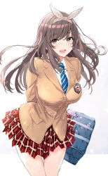 Rule 34 | 1girl, :d, arms behind back, bag, beige jacket, black eyes, black hair, blue necktie, blush, bow, bow hairband, breasts, collar, collared shirt, gradient background, hairband, highres, idolmaster, idolmaster shiny colors, jacket, large breasts, long hair, long sleeves, looking at viewer, necktie, open mouth, plaid, plaid skirt, pleated skirt, pocket, red skirt, school bag, school uniform, shirt, skirt, smile, solo, striped necktie, striped neckwear, teeth, temir, tsukioka kogane, upper teeth only, white collar, white shirt