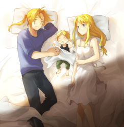 Rule 34 | 00s, 1boy, 1girl, aged up, baby, bed, bed sheet, blonde hair, blue eyes, child, couple, dress, drooling, earrings, edward elric, fullmetal alchemist, jewelry, long hair, lying, non-web source, on back, on bed, pillow, ponytail, ring, riru, shade, sleeping, sundress, wedding ring, winry rockbell, yellow eyes