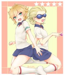 Rule 34 | 2boys, bad id, bad pixiv id, blonde hair, blue eyes, dylan keith, full body, inazuma eleven, inazuma eleven (series), male focus, mark kruger, multiple boys, open mouth, short hair, simple background, smile, soccer uniform, sportswear, sunglasses