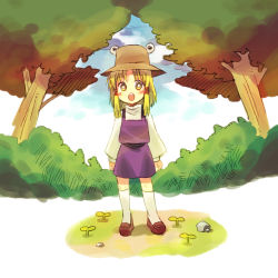 Rule 34 | 1girl, 8bit, bad id, bad pixiv id, blonde hair, blush, day, female focus, frog, hachi (8bit canvas), hat, highres, moriya suwako, nature, open mouth, outdoors, solo, touhou, yellow eyes