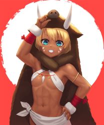 Rule 34 | 1girl, abs, aqua eyes, arm up, armlet, armpits, bandaged arm, bandages, bare shoulders, blonde hair, boar, breasts, chinese zodiac, commentary request, cowboy shot, dark-skinned female, dark skin, facial mark, fang, fur trim, grin, groin, hair between eyes, hand on own hip, highres, looking at viewer, navel, new year, original, parted bangs, pelt, ranma (kamenrideroz), red background, short hair, small breasts, smile, solo, standing, toned, tusks, whisker markings, white background, wristband, year of the pig